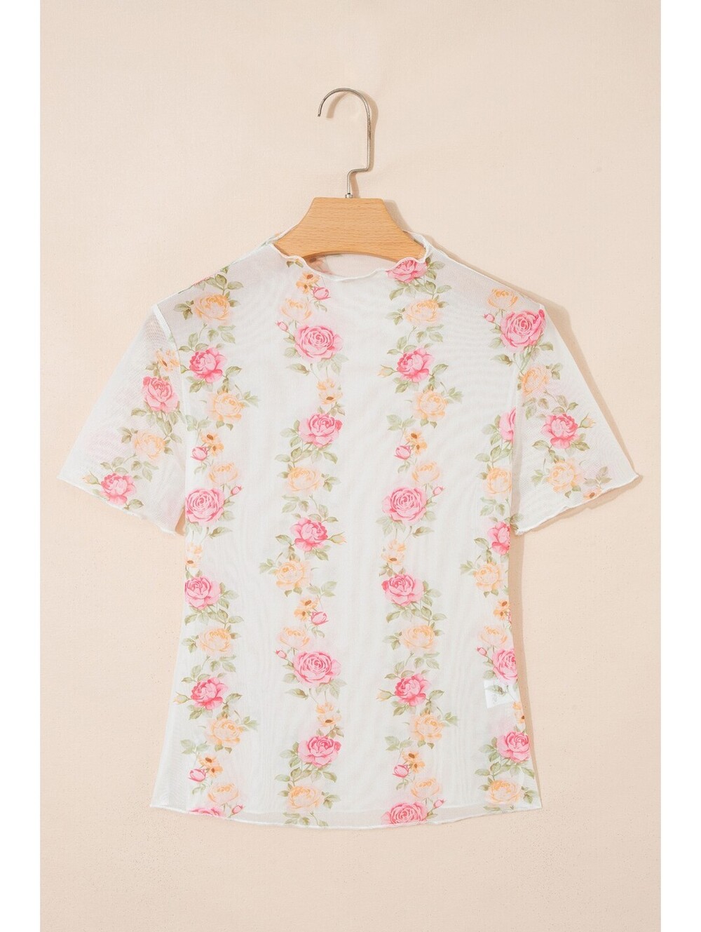 Floral Mesh Short Sleeve Top with Mock Neck